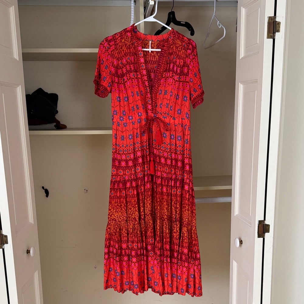 Free People Red Floral Tie-Front Maxi Dress